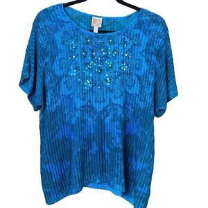 JM Collection Blue Flower Top With Sequins Size Large